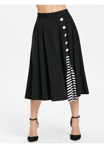 Stripe Panel Buttons Embellished A Line Skirt - Black S