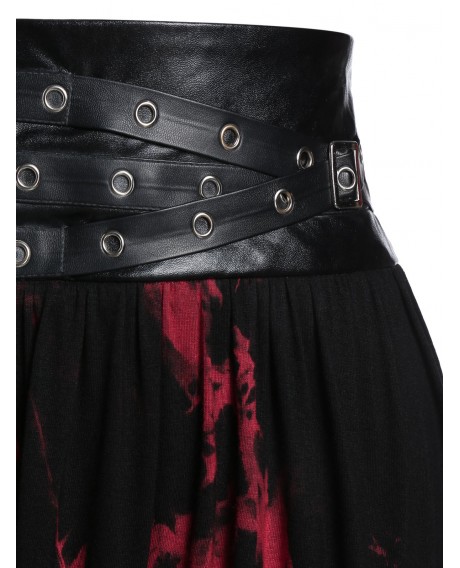 Grommet Embellished Asymmetric Tie Dye Print Gothic Skirt - Firebrick M