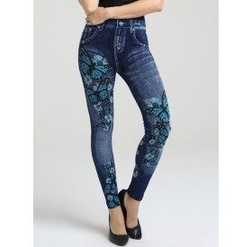 Floral Butterfly Print Elastic Waist Jeggings - Midnight Blue One Size
