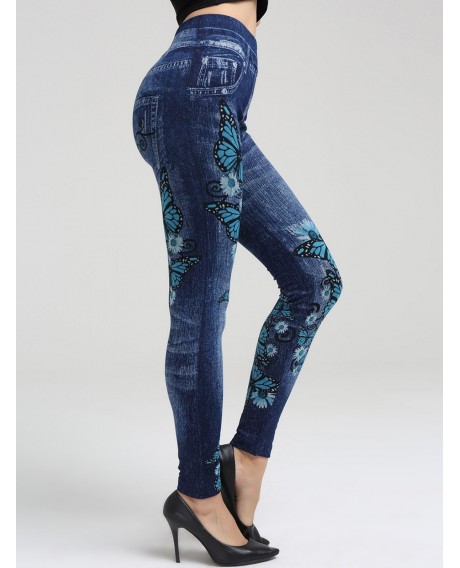 Floral Butterfly Print Elastic Waist Jeggings - Midnight Blue One Size