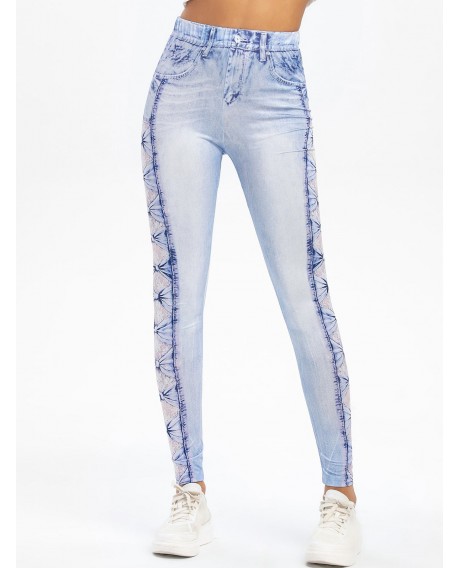 High Rise 3D Lace Bowknot Print Faded Jeggings - Jeans Blue M