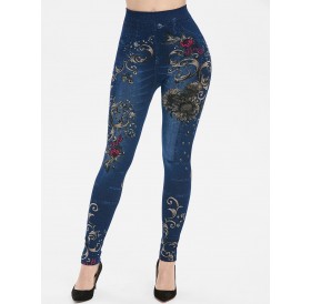 Floral Print High Rise Skinny Jeggings - Blue One Size