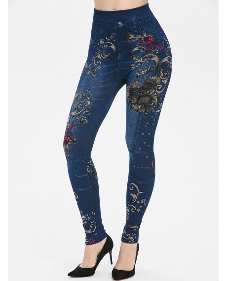 Floral Print High Rise Skinny Jeggings - Blue One Size
