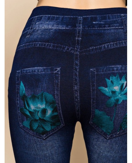Floral Print Hollow Out High Waisted Jeggings - Denim Dark Blue One Size