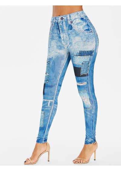 3D Distressed Jean Print Jeggings - Jeans Blue L