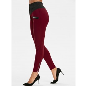 Zipper Embellished Contrast Trim Leggings - Red Wine M