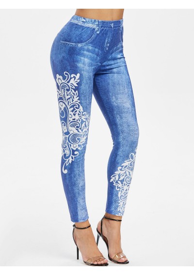 Floral Print Elastic Waist Skinny Jeggings - Jeans Blue M