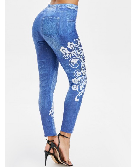 Floral Print Elastic Waist Skinny Jeggings - Jeans Blue M