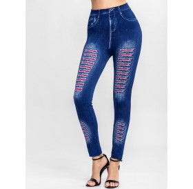 Printed High Waisted Knit Jeggings - Deep Blue S