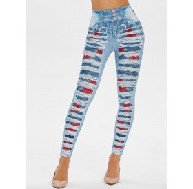 High Rise 3D Floral Ripped Jean Print Jeggings - Jeans Blue M