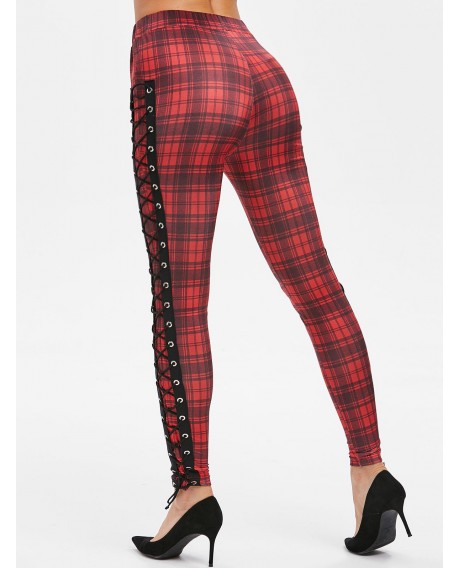 High Waisted Plaid Side Lace-up Leggings - Red Wine M