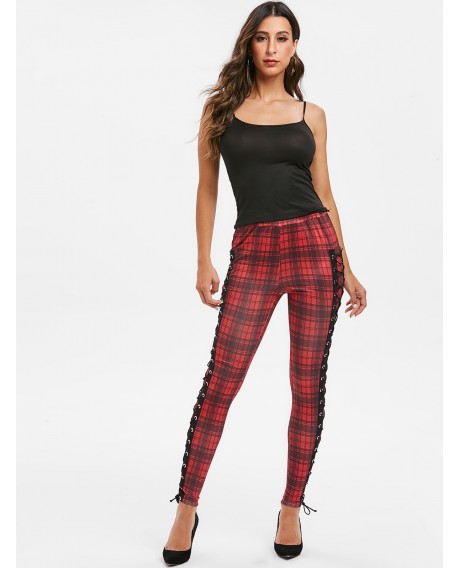 High Waisted Plaid Side Lace-up Leggings - Red Wine M