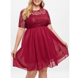Lace Insert Plus Size A Line Dress - Red Wine 2x