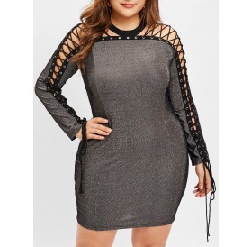 Plus Size See Through Lace Up Dress - Gray 2x