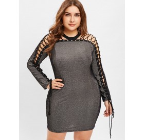 Plus Size See Through Lace Up Dress - Gray 2x