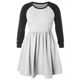 Plus Size Raglan Sleeve Hit Color Pleated Dress -  L