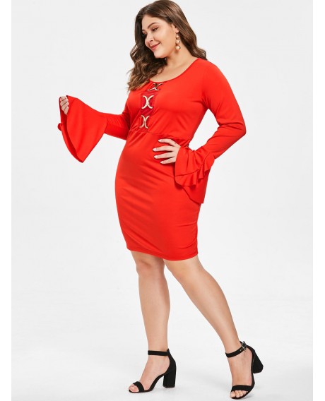 Plus Size Bell Sleeve Mini Bodycon Dress - Red 2x