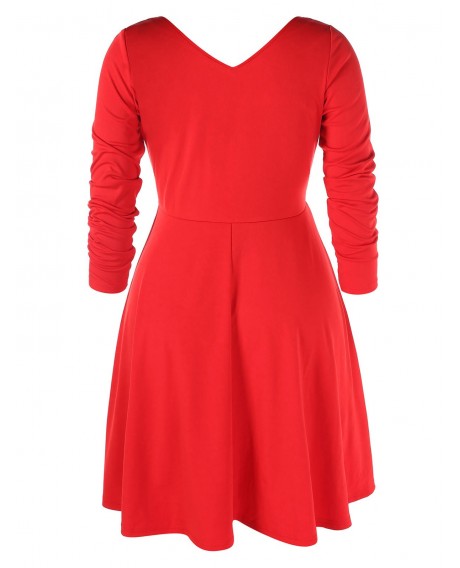 Plus Size Double V Neck High Waist Dress - Red 4x