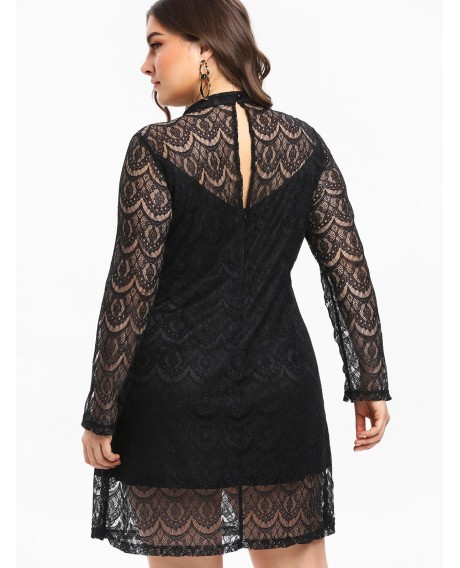 Plus Size Sweetheart Neck Openwork Lace Dress - Black L
