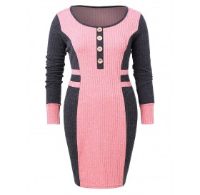 Plus Size Ribbed Color Block Bodycon Dress - Pink L