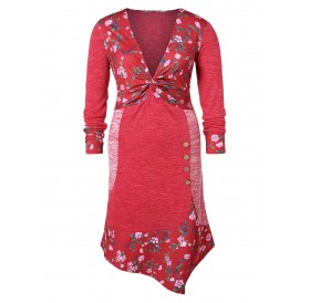 Plus Size Front Twist Floral Dress - Red L