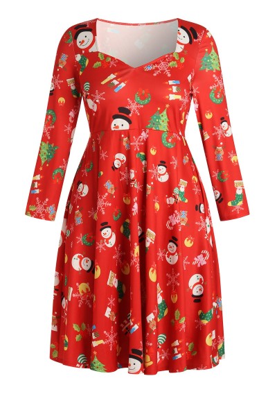Plus Size Christmas Printed Midi Dress - Red L