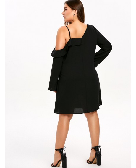 Plus Size Ruffle Trim Belted Mini Dress - Black L
