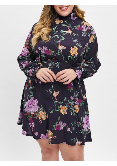 Plus Size Ruffle Neck Floral Print A Line Dress - Deep Blue L