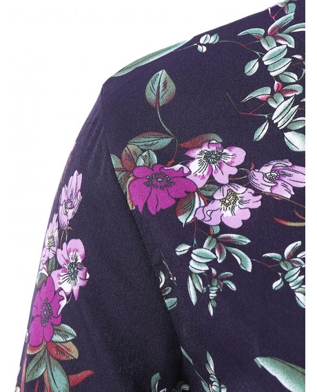 Plus Size Ruffle Neck Floral Print A Line Dress - Deep Blue L