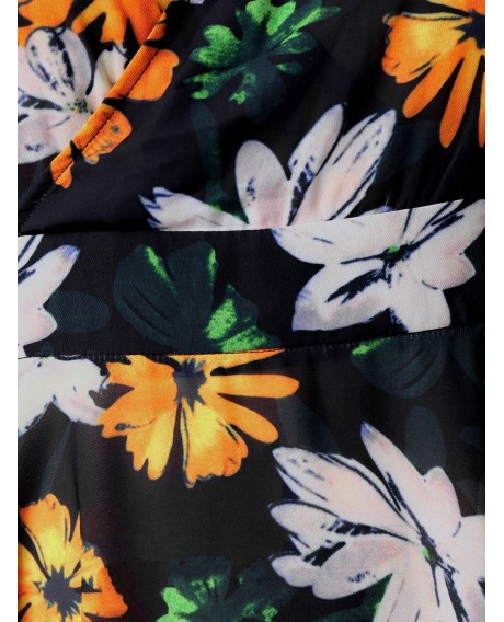 Plus Size Empire Waist Floral Print Fit and Flare Dress - Black L