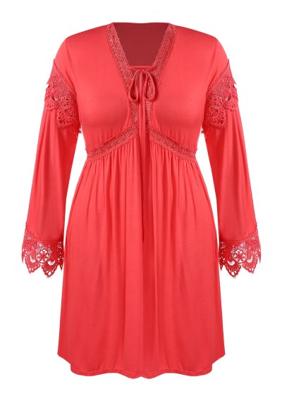 Plus Size Crochet Plunging Empire Waist Dress - Red 1x