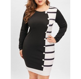 Plus Size Hit Color Striped Buttons Embellished Bodycon Dress - Black 4x
