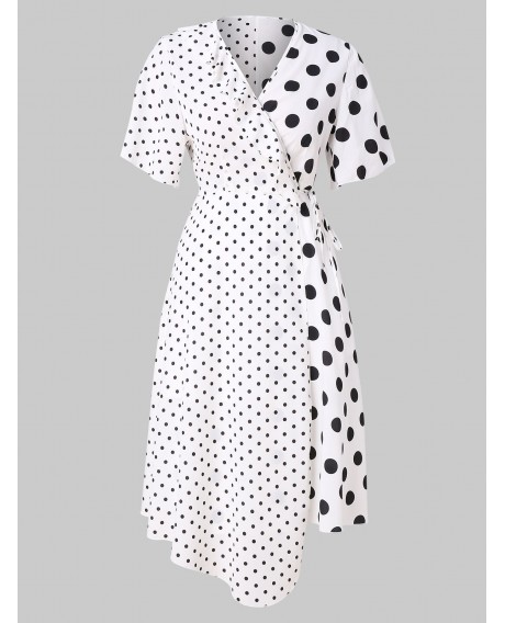 Plus Size Polka Dot V Neck Asymmetrical Dress - White L