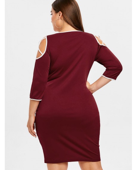 Plus Size Knee Length Contrast Hem Button Slit Bodycon Dress - Red Wine 3x