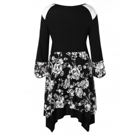 Plus Size Floral Print Asymmetric Dress - Black 4x