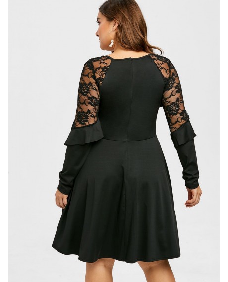 Plus Size Lace Insert Mini Flare Dress - Black L