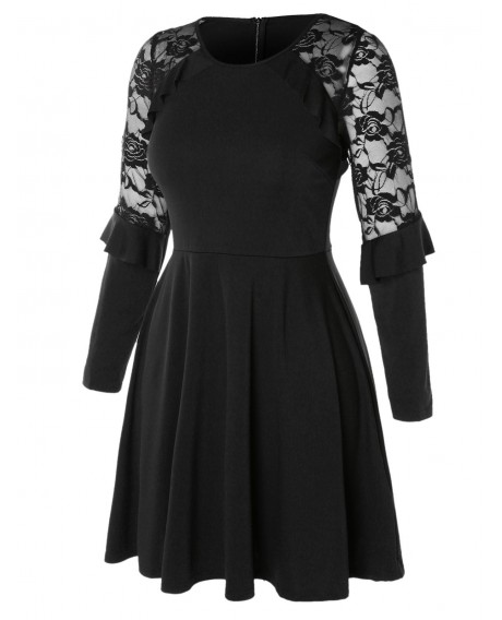 Plus Size Lace Insert Mini Flare Dress - Black L