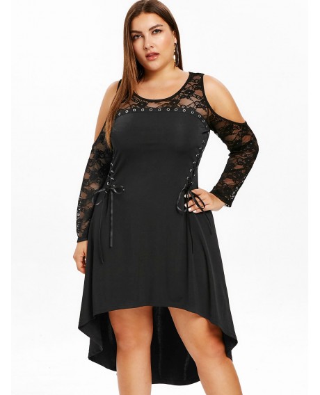 Plus Size Lace Insert Cold Shoulder High Low Dress - Black L