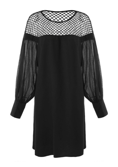 Plus Size Fishnet Insert Puff Sleeve Dress - Black 1x