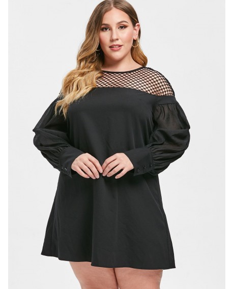 Plus Size Fishnet Insert Puff Sleeve Dress - Black 1x