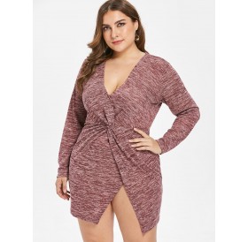 Plus Size Plunging Neckline Front Knot Marled Dress - Cherry Red 1x