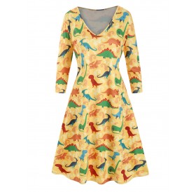 Plus Size Dinosaur Print T Shirt Dress - Sun Yellow L