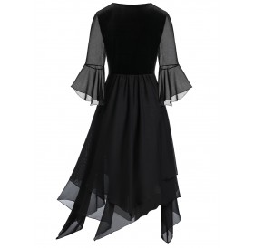 Plus Size Lace Up Bell Sleeve Layer Handkerchief Punk Dress - Black L