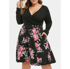 Seam Pockets Floral Surplice Long Sleeve Plus Size Dress - Pink 5x