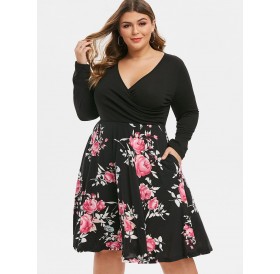 Seam Pockets Floral Surplice Long Sleeve Plus Size Dress - Pink 5x