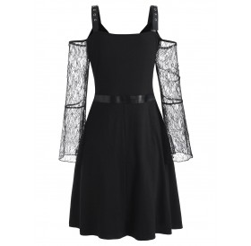 Buckled PU Leather Panel Lace Sleeve Plus Size Gothic Dress - Black L