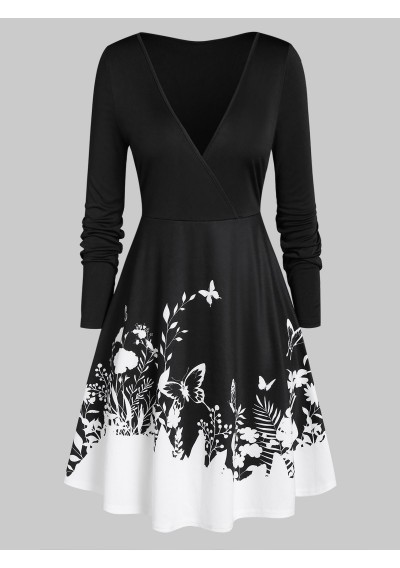 Plus Size Plunge Surplice Butterfly Flower Print Dress - Black 1x