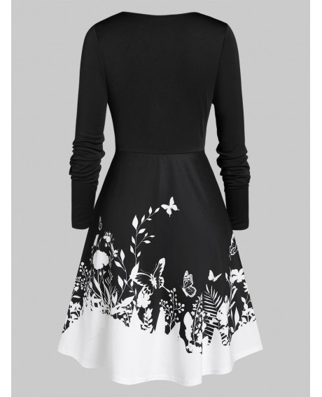 Plus Size Plunge Surplice Butterfly Flower Print Dress - Black 1x