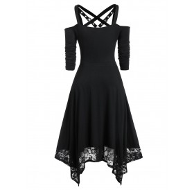 Plus Size Cold Shoulder Harness Handkerchief Dress - Black L