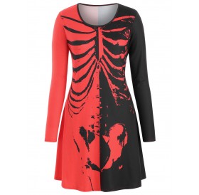 Skeleton Long Sleeve Halloween Plus Size Tee Dress - Red L